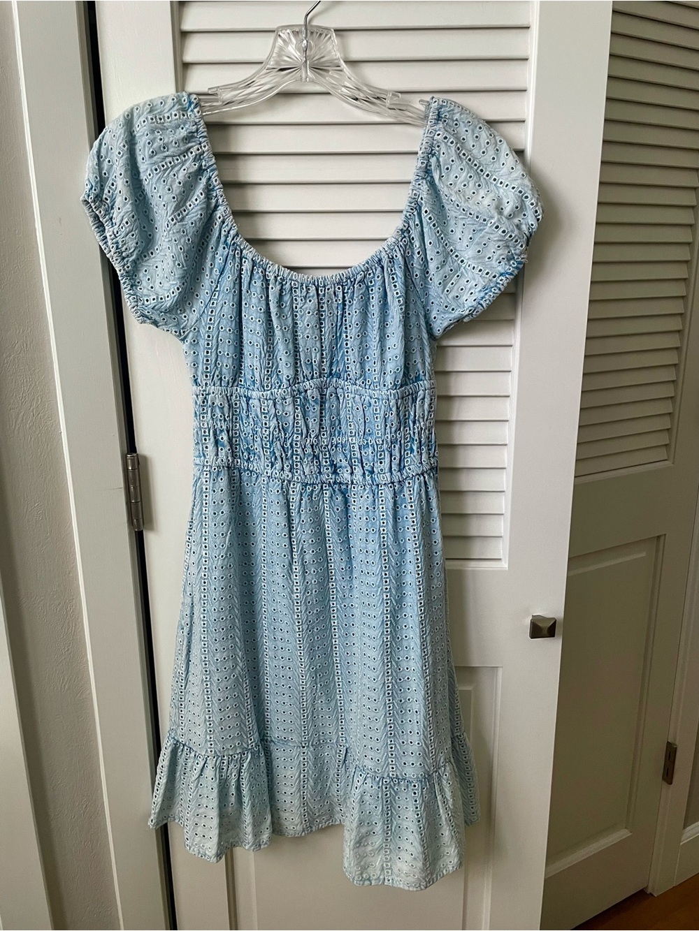 Sim & Sam Chambray Eyelet Dress Puff Sleeve Babydoll Lt Blue Acid Washed Size XS